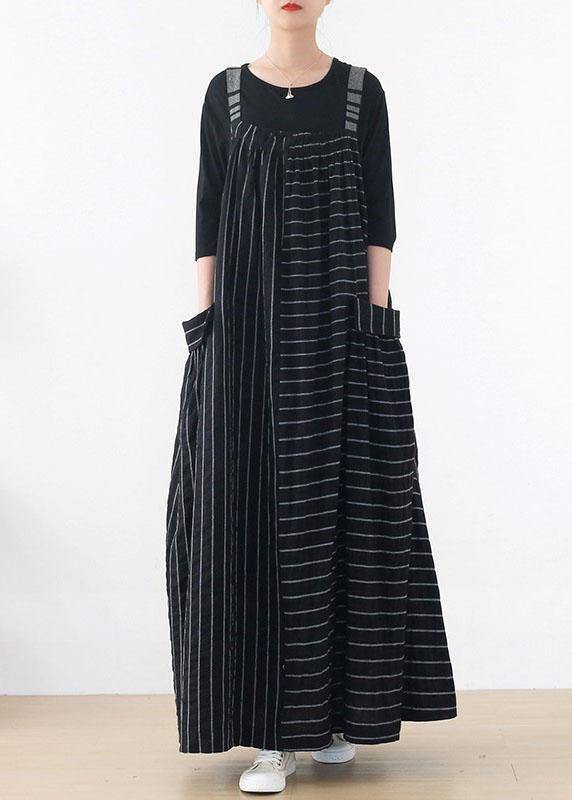 Classy Black Striped Pockets Carpenter Fall Linen Dress