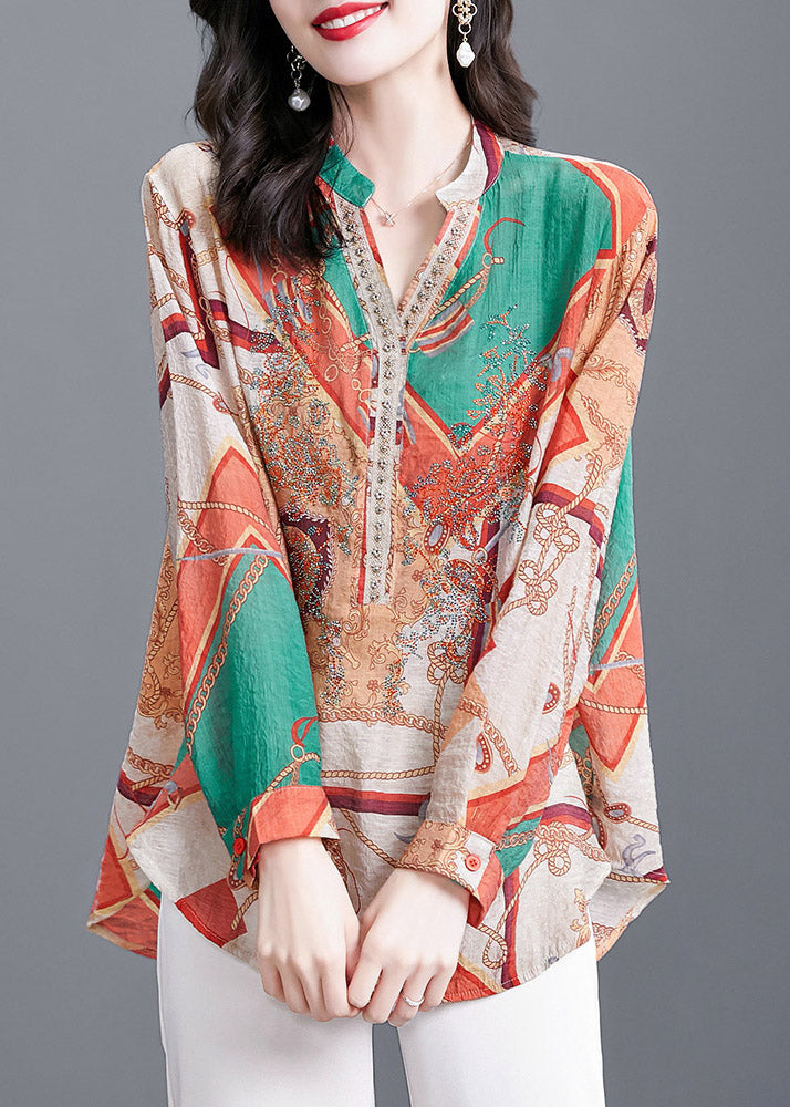 Multi Print V Neck Button Chiffon Blouse Tops Long Sleeve