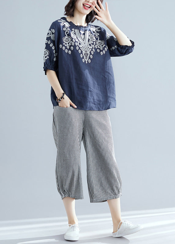 Navy Blue Embroideried Top and Harem Pants Two Pieces Set Short Sleeve