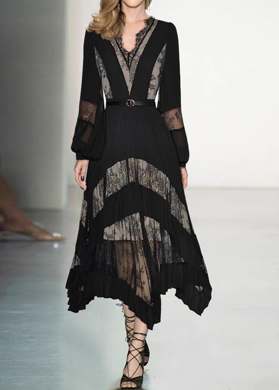 Black V Neck Lace Patchwork Maxi Dresses Puff Sleeve