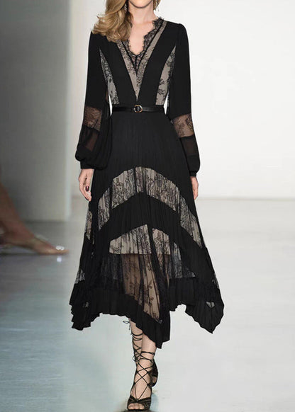 Black V Neck Lace Patchwork Maxi Dresses Puff Sleeve