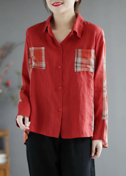 Red Plaid Patchwork Peterpan Collar Button Fall Shirt Long Sleeve