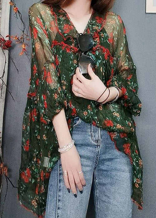 Green Print Lace Up Thin Chiffon Blouses Summer