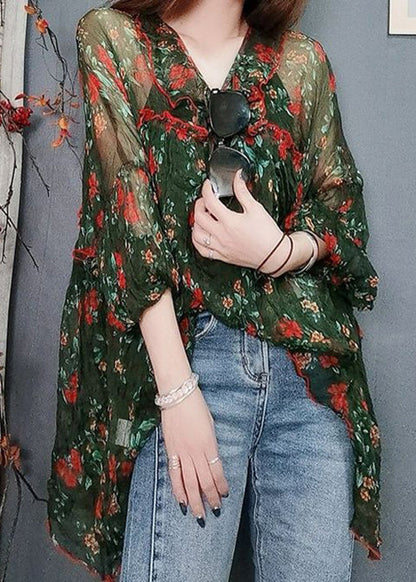 Green Print Lace Up Thin Chiffon Blouses Summer