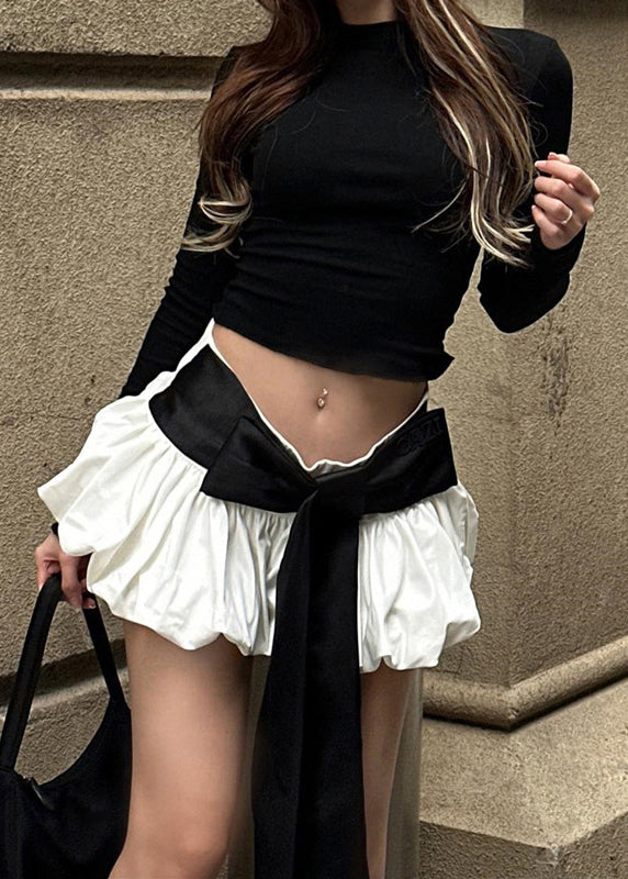 New Black Tops and White Skirts Lace Up Cotton Two Pieces Set Spring
