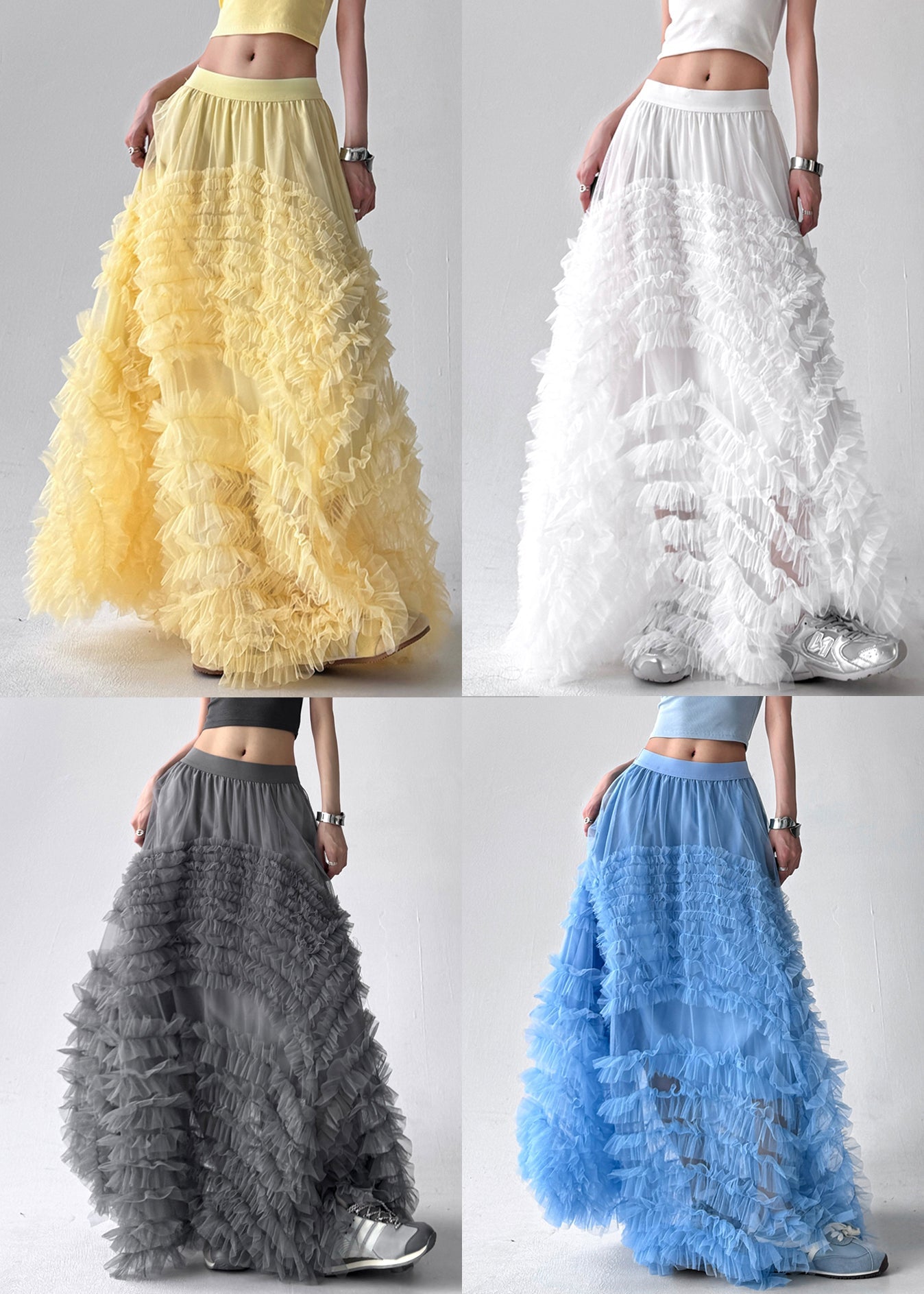 Blue Elastic Waist Tulle Summer Exra Large Hem Skirt Ruffled