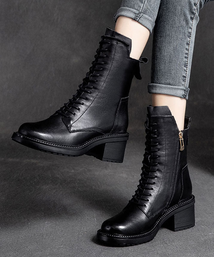 Black Biker Boots Chunky Zippered Cowhide Leather Lace Up Boots