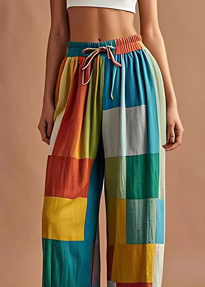 Diy Plaid Elastic Waist Patchwork Cotton Pants Summer