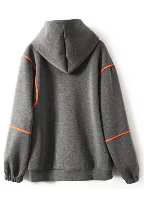 Grey Hooded Lace Up Patchwork Cotton Sweatshirts Long Sleeve