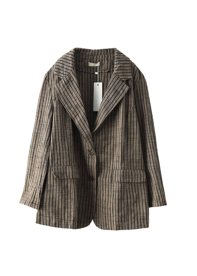 Light Button Pockets V Neck Striped Coats Long Sleeve Fall
