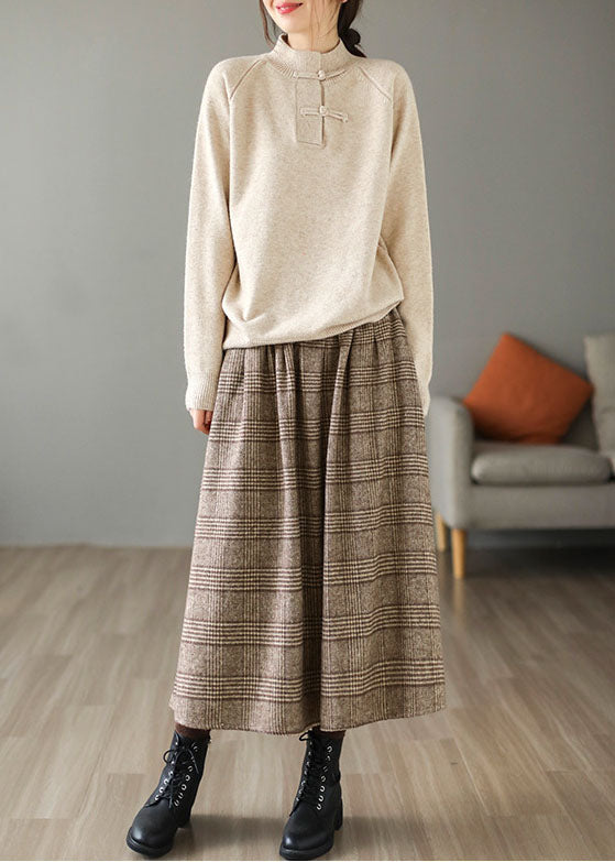 Khaki Plaid Cotton a Line Skirt Elastic Waist Thick Spring