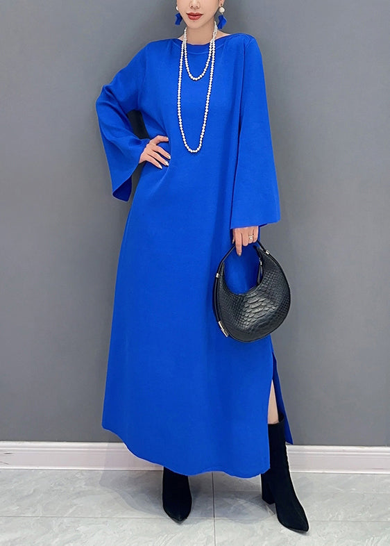 Royal Blue O Neck Side Open Cotton Long Dresses Flare Sleeve