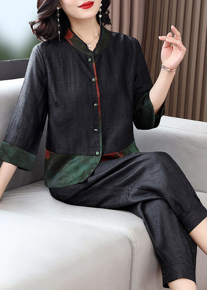 Fine Black Print Button Shirts and Crop Pants Silk Two Piece Set Fall