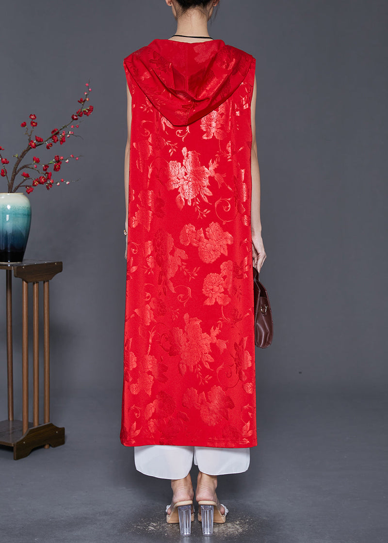 Red Jacquard Tasseled Silk Long Vest Fall
