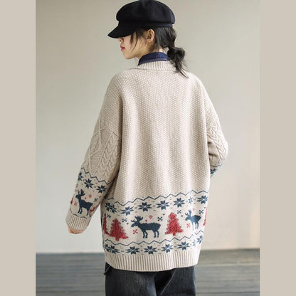 For Work Spring Knit Sweat Tops Beige Deer Print Knitted Cardigans