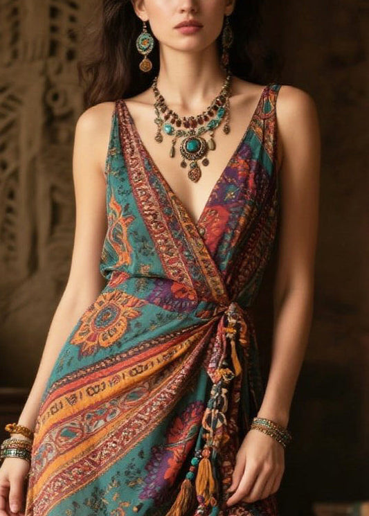 Green Tasseled Side Open Chiffon Vacation Dress Summer