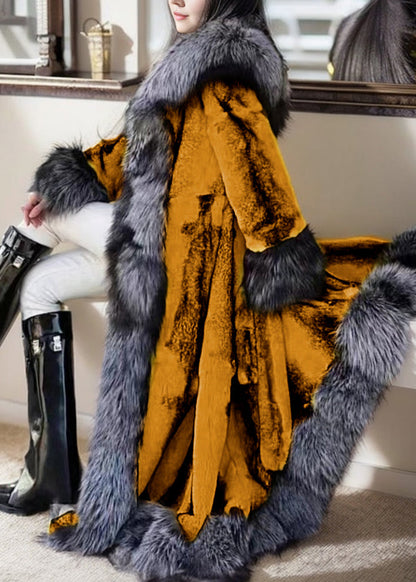 Natural White Fox Collar Tie Waist Leather and Fur Maxi Coats Winter