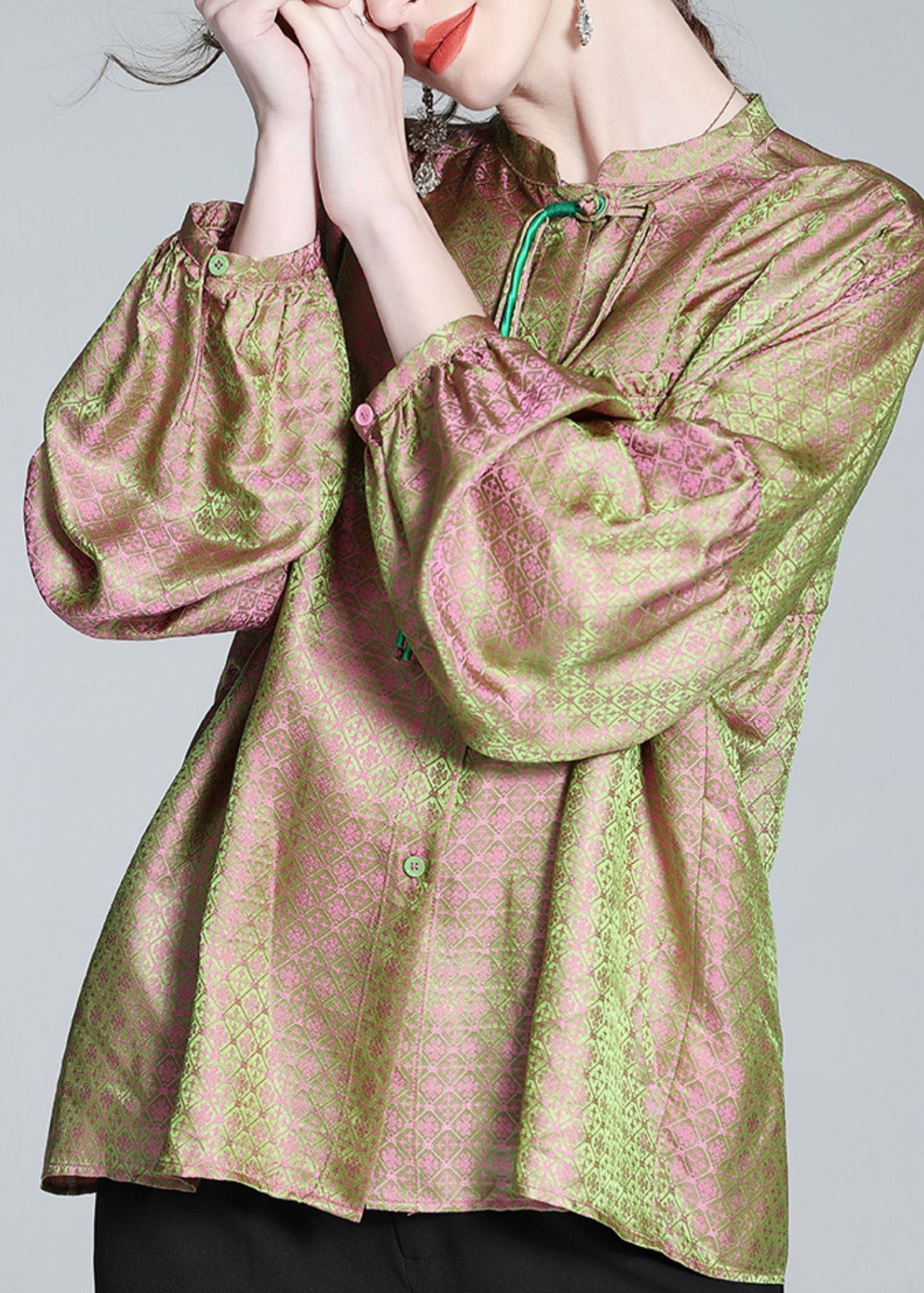 Pink Green Stand Collar Print Button Slik Shirts Lantern Sleeve