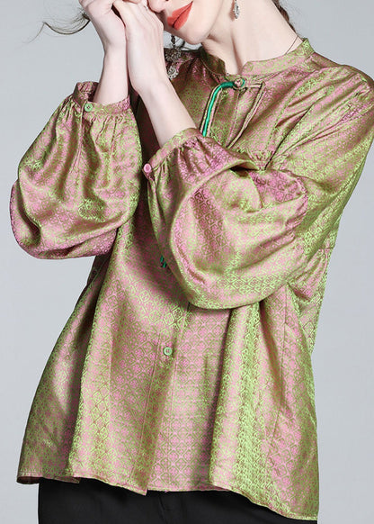 Pink Green Stand Collar Print Button Slik Shirts Lantern Sleeve
