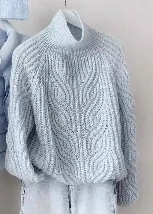 Style Blue Turtleneck Cozy Cotton Knit Cable Knit Sweaters Lantern Sleeve Spring