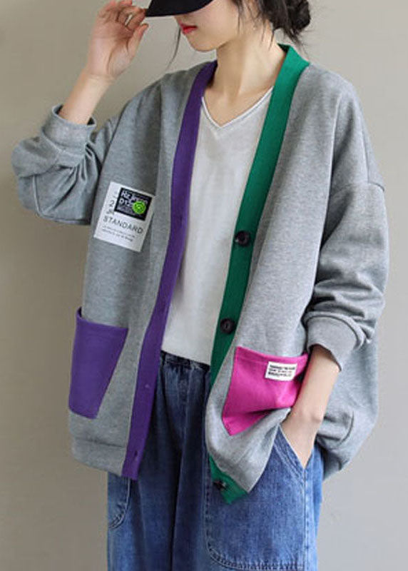 Grey V Neck Patchwork Cotton Cardigans Coats Spring