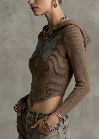 Stylish Coffee Zip Up Butterfly Knit Hoodies Outwear Spring