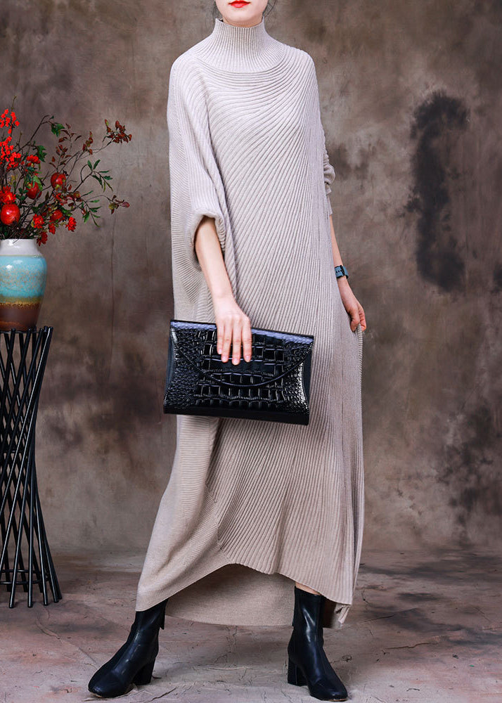 Apricot Turtleneck Low High Design Woolen Knit Ankle Sweater Dress Long Sleeve