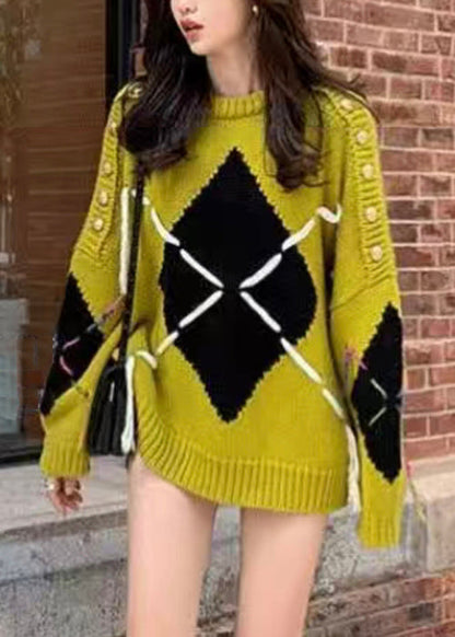Yellow O Neck Patchwork Cozy Cotton Knit Sweater Batwing Sleeve