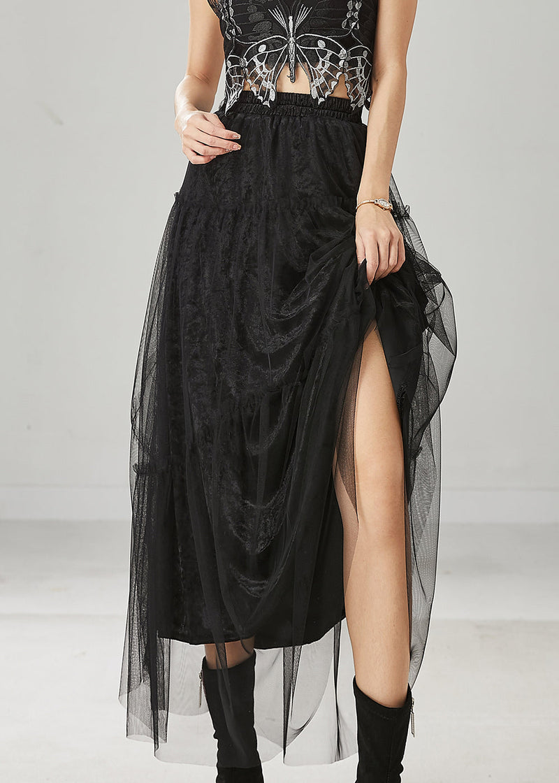 Italian Black Elastic Waist Tulle a Line Skirt Spring