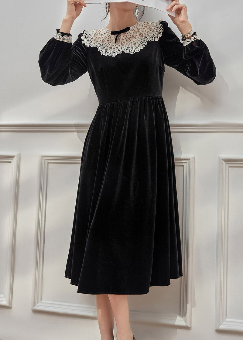 Classy Black O-neck Lace Patchwork Silk Velvet Long Dress Spring