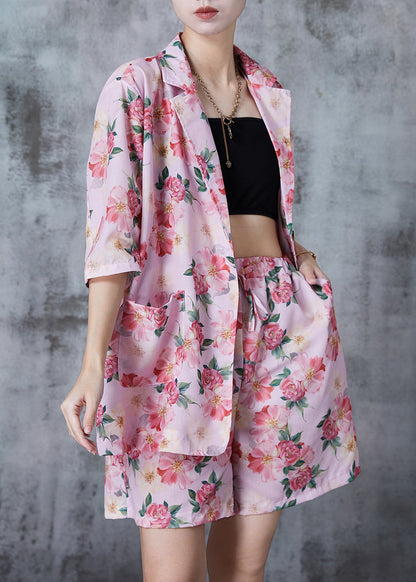 Pink Oversized Print Linen Two Pieces Set Summer