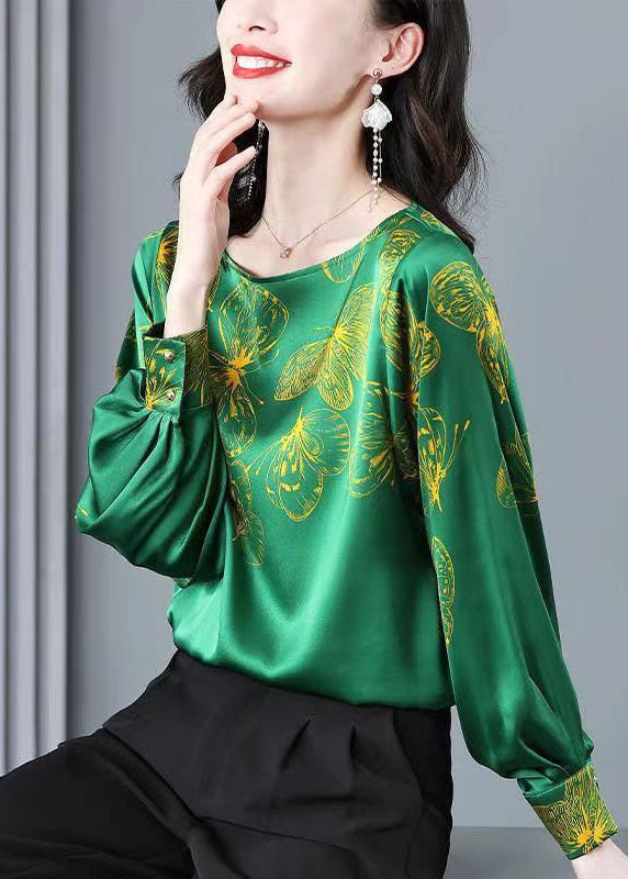Green O-neck Butterfly Print Silk Blouse Tops Long Sleeve