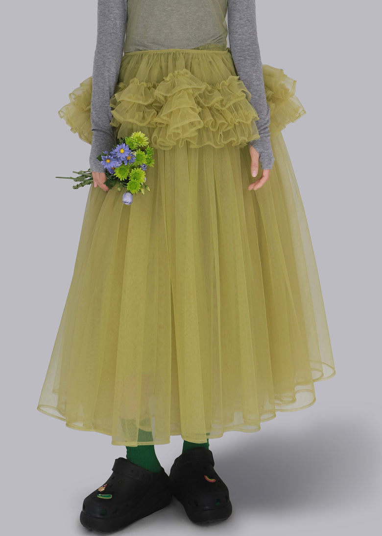 Yellow Elastic Waist Tulle Skirt Ruffled