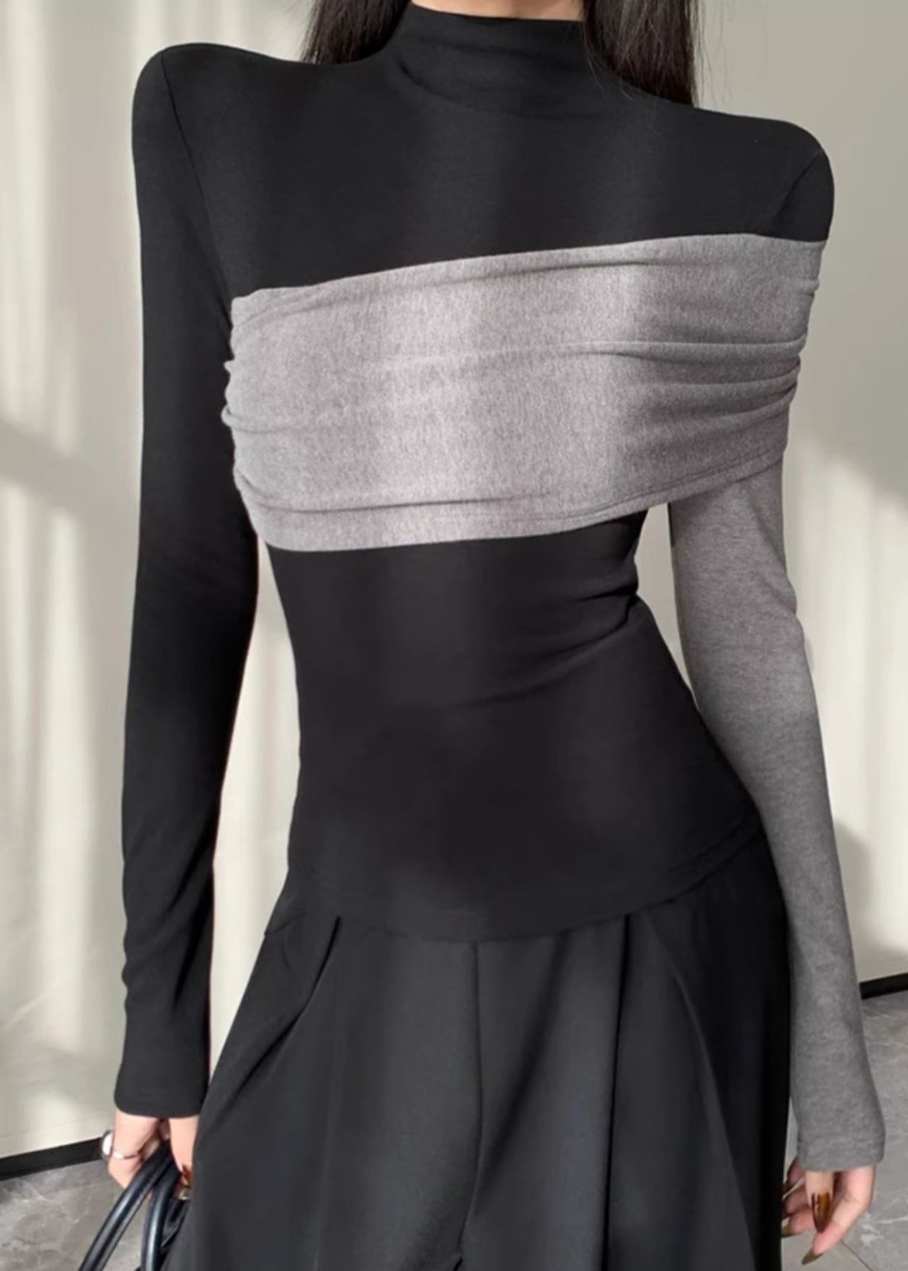 Black Asymmetrical Patchwork Cotton Shirt Spring