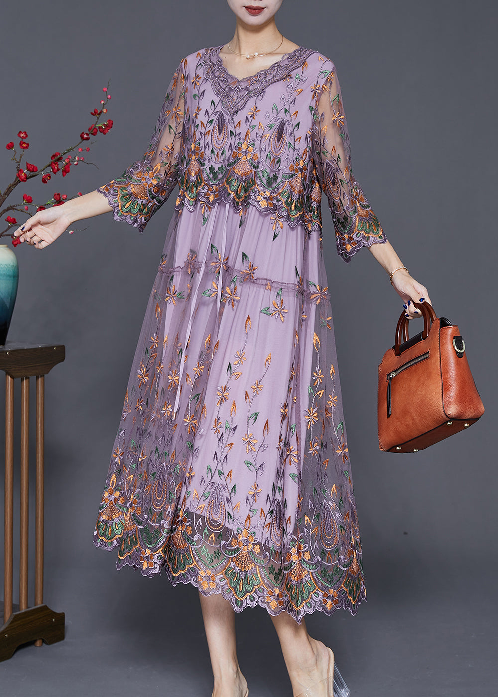 Purple Embroideried Cinched Tulle Long Dress Bracelet Sleeve