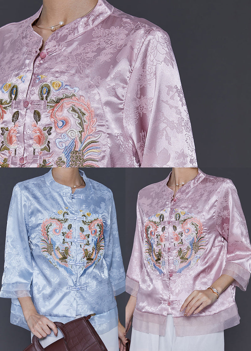 Blue Embroidered Patchwork Oriental Silk Blouses Spring