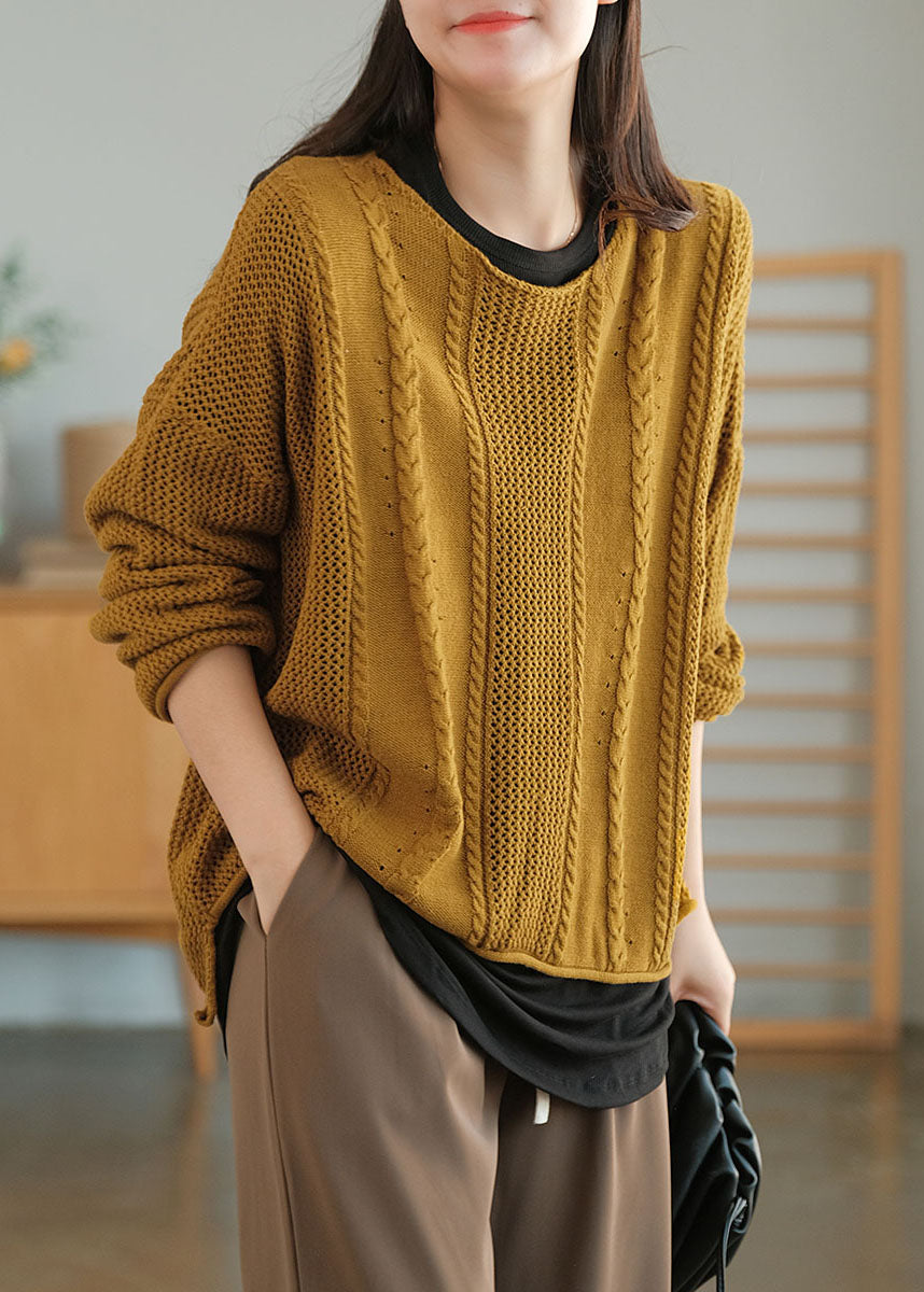 Yellow O-neck Hollow Out Knit Sweaters Fall