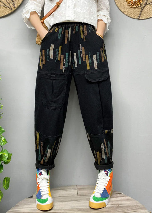 Fitted Black Elastic Waist Print Denim Pants Spring