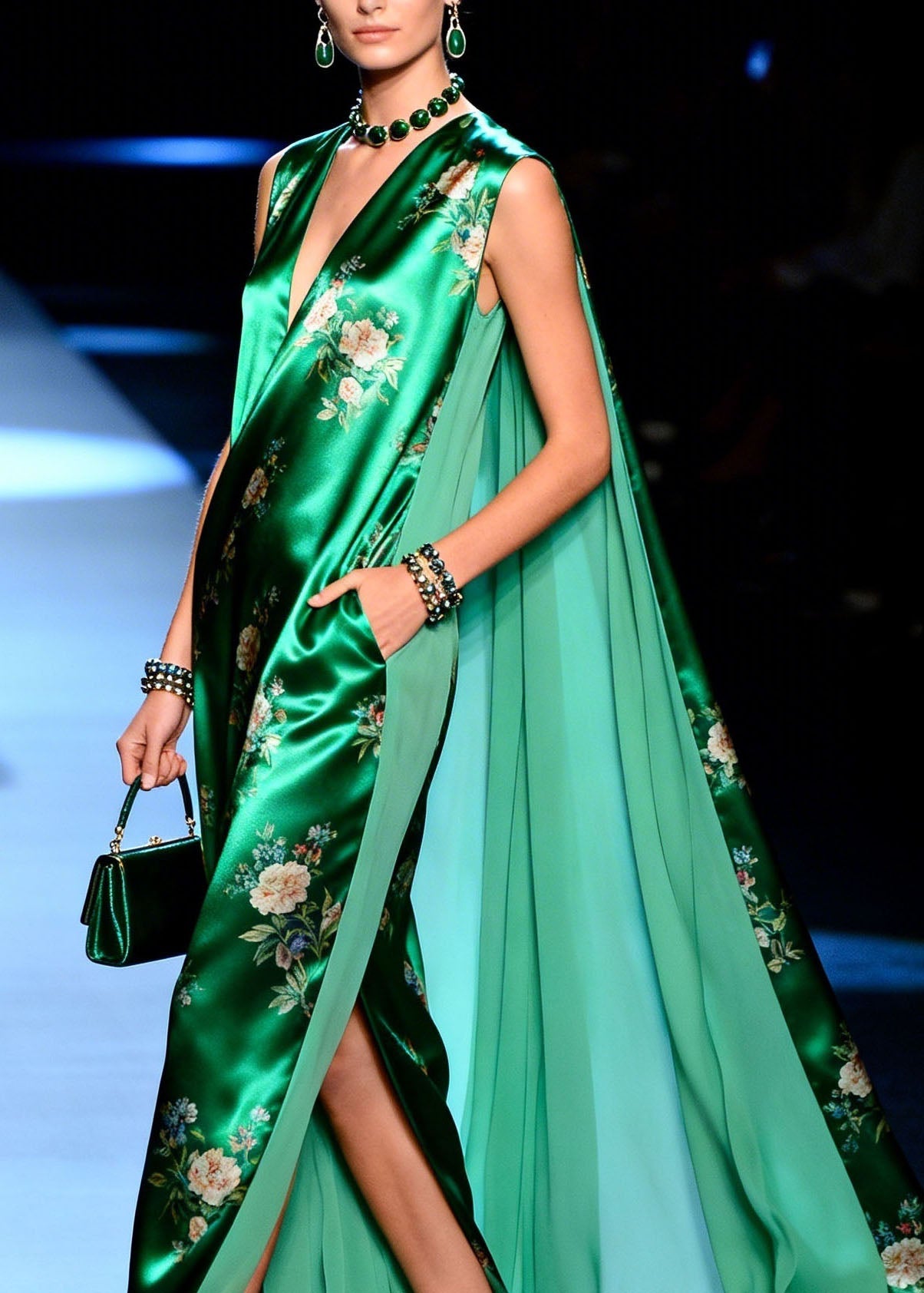 Boutique Green V Neck Print Patchwork Chiffon Dresses Summer
