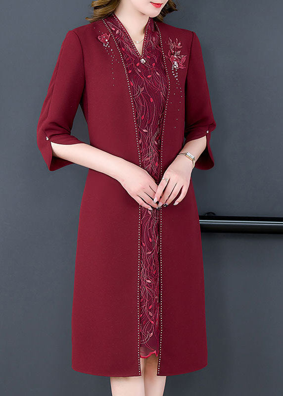Mulberry V Neck Embroideried Silk Fake Two Piece Dress Bracelet Sleeve