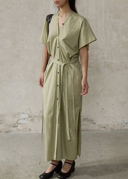 Green V Neck Side Open Cotton Long Dresses Summer
