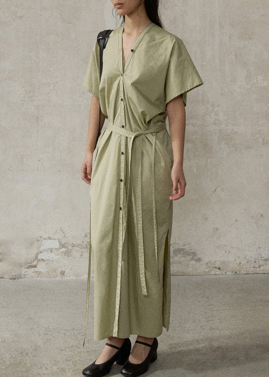 Green V Neck Side Open Cotton Long Dresses Summer