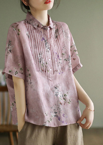 Pink Peter Pan Collar Print Button Linen Shirts Short Sleeve