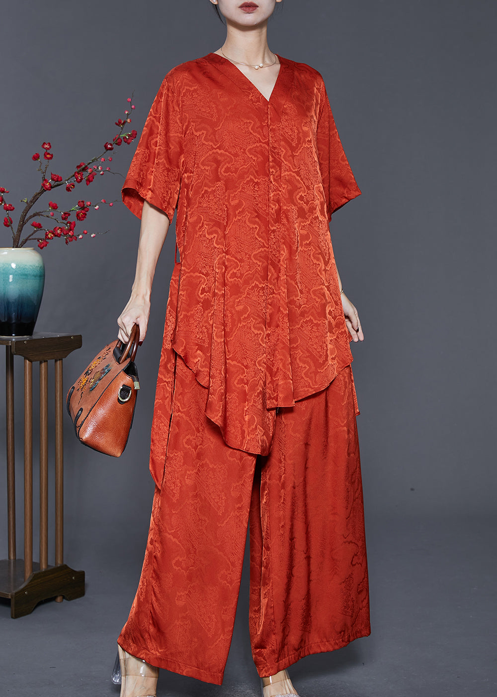 Orange Asymmetrical Print Silk Two Piece Set Summer
