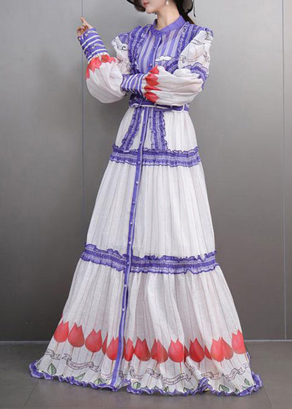 Fine White Stand Collar Ruffled Button Chiffon Maxi Dress Lantern Sleeve Spring