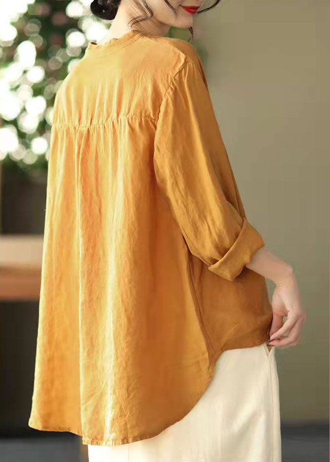 Yellow Button Linen Shirt Tops Stand Collar Long Sleeve