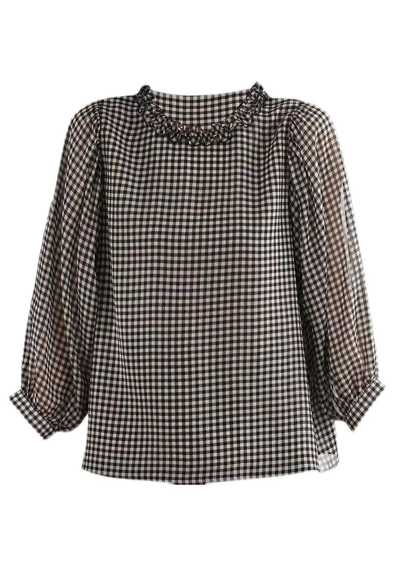 Boutique Black White Plaid O-neck Button Ruffled Silk Top Puff Sleeve