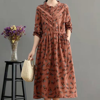 Blue Pockets Print Loose Fall Maxi Dress Long Sleeve