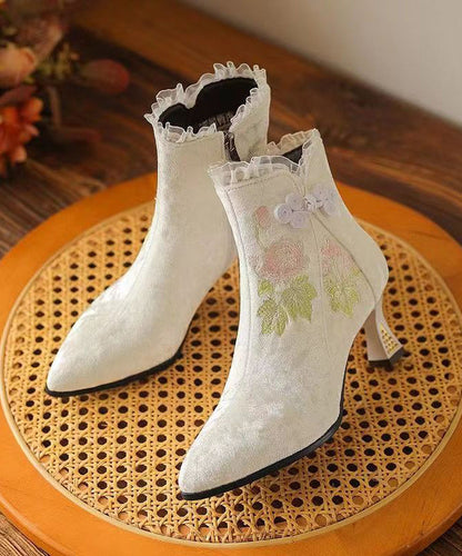 Original Style Green Embroidered High Heeled Short Boots