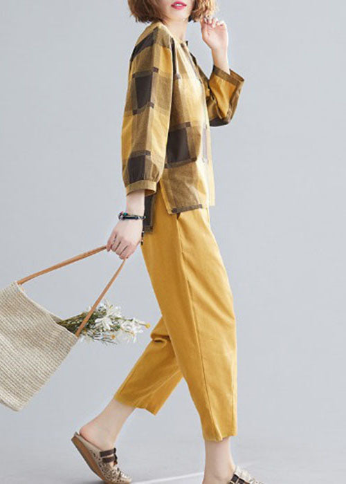 Art Yellow O-neck Plaid Cotton Two Pieces Set Spring